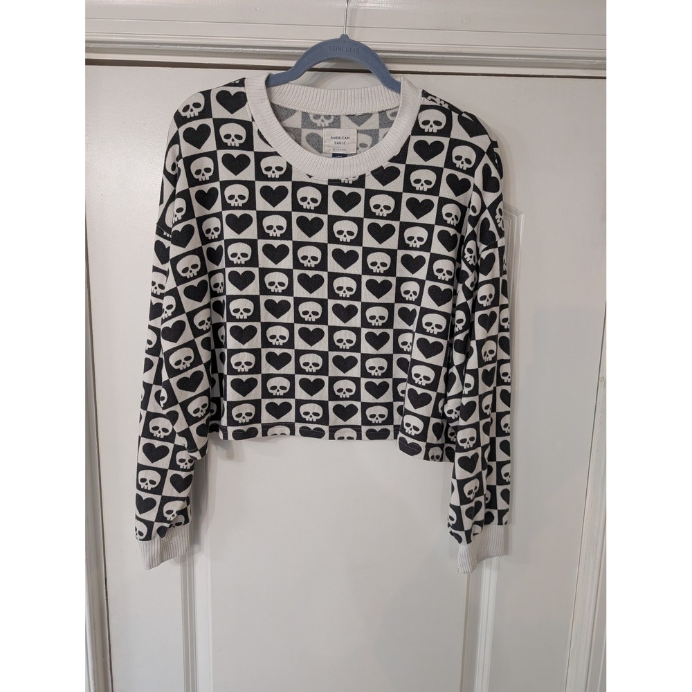 American Eagle Lounge Sweatshirt Womens‎ Large Skull Heart Checkered Cropped